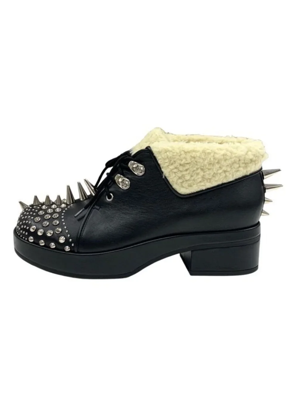 Gucci Boots Short Shoes Leather Shearling Black Studs Lace Up Boa - Picture 3 of 10